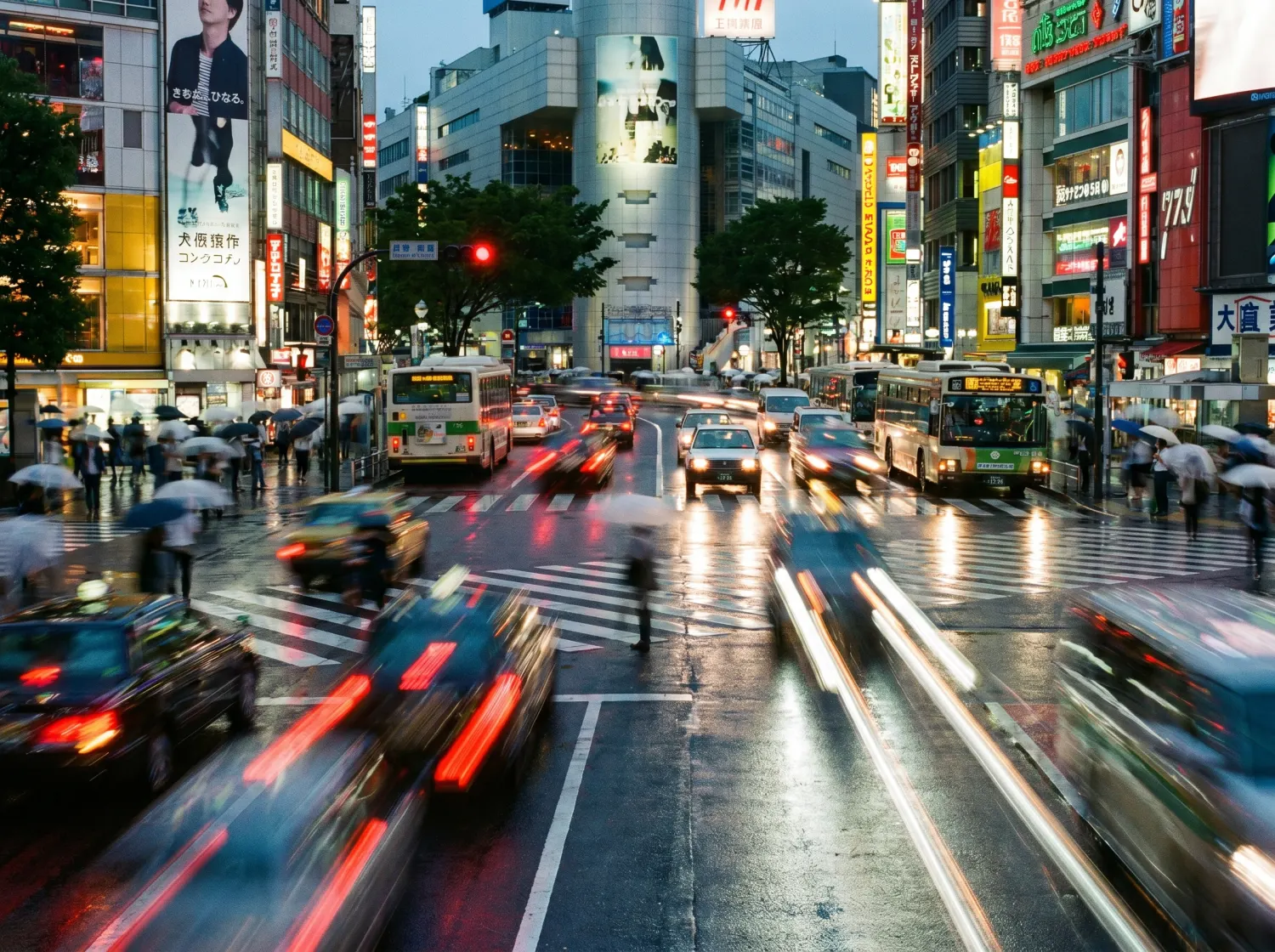 Rain-soaked city streets in Asia