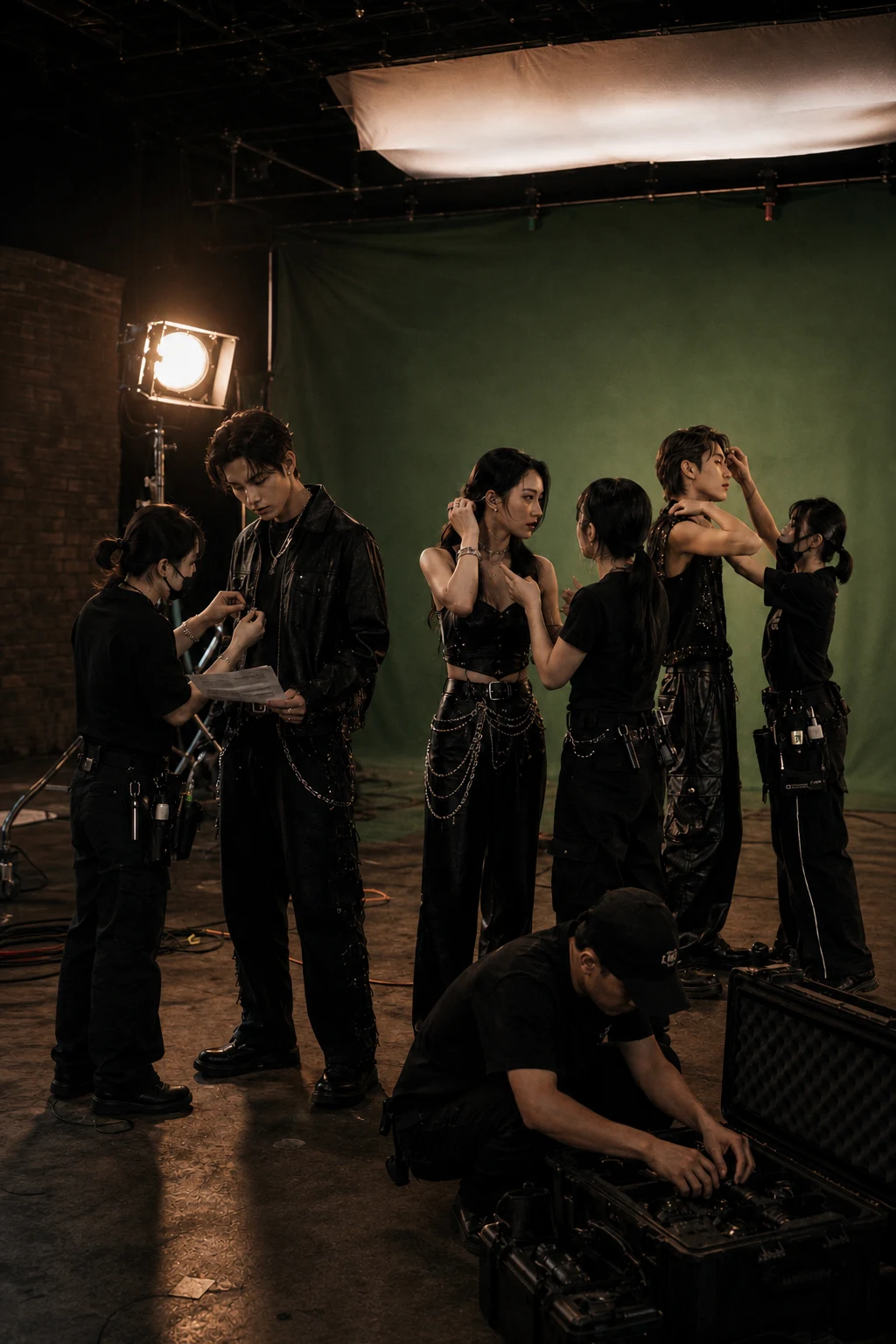 Music video performers preparing on a production set